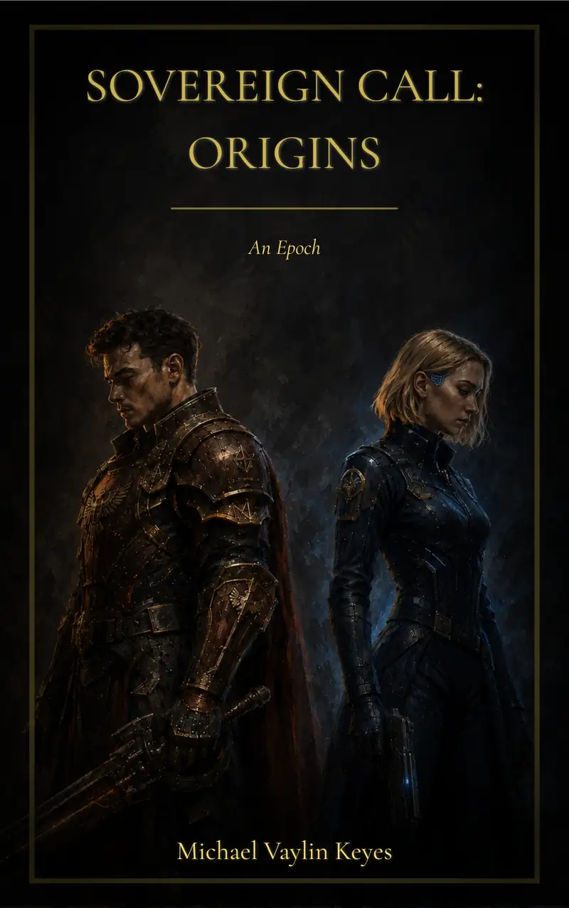 Sovereign Call: Origins — An Epoch, by Michael Vaylin Keyes. Black-and-gold cover featuring two armored figures standing back to back.