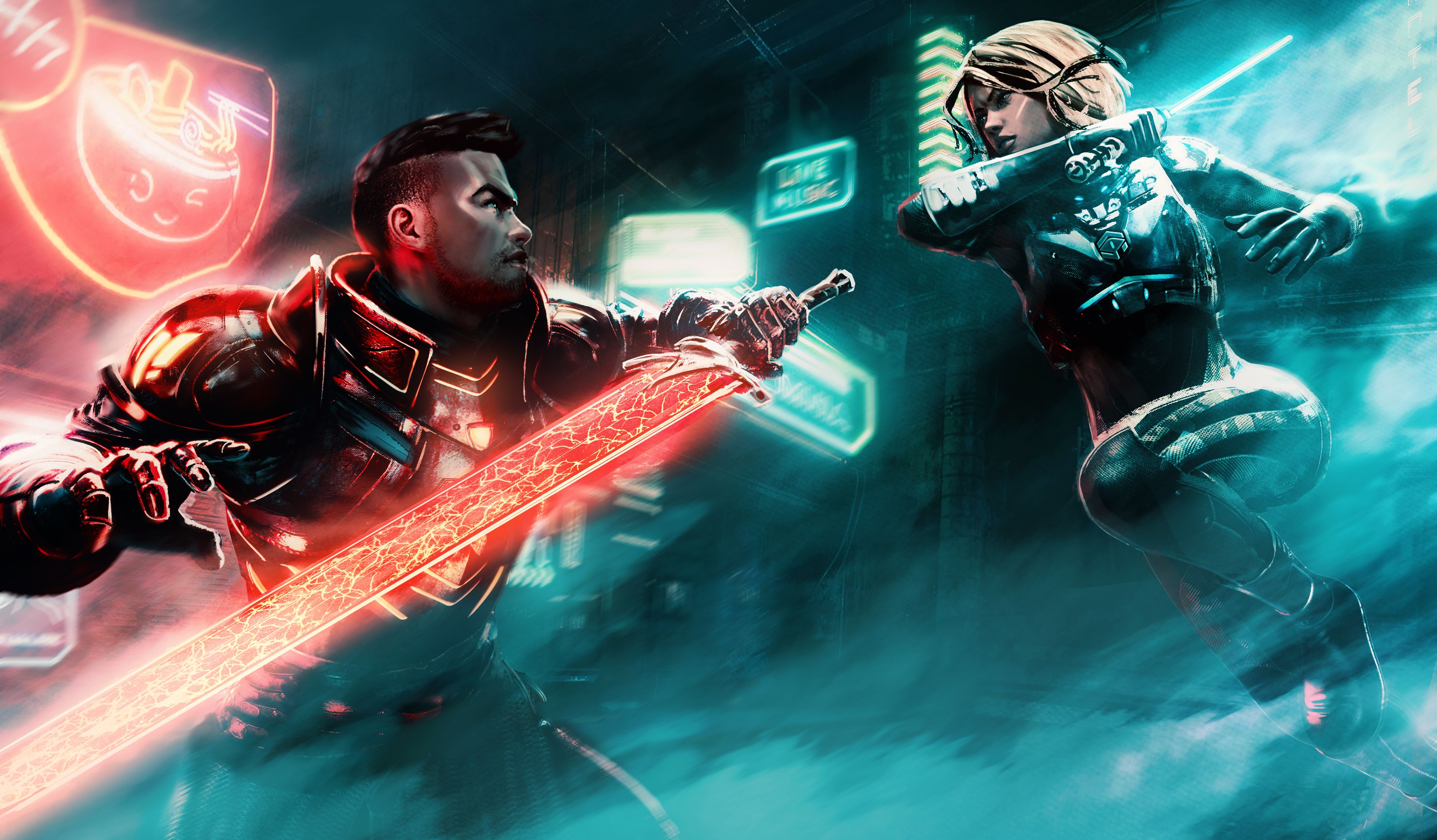 A Dominion knight confronts a Reformation soldier beneath a fractured sky